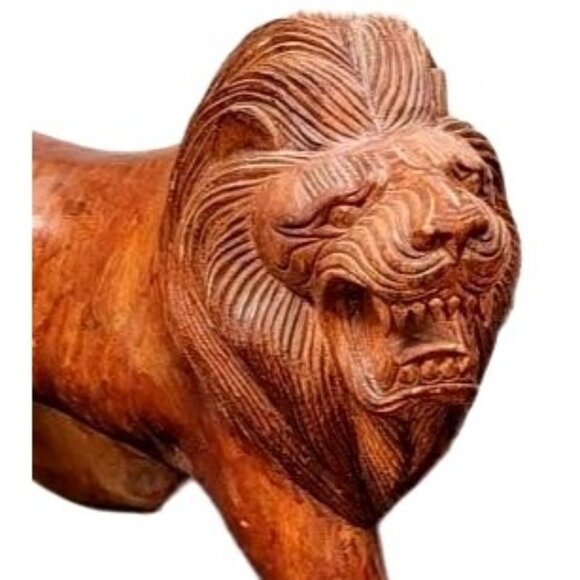 Set o2 Huge Hand-Carved Mid Century Wooden Wood  Roaring Lion Statues 17x13 - Picture 3 of 16
